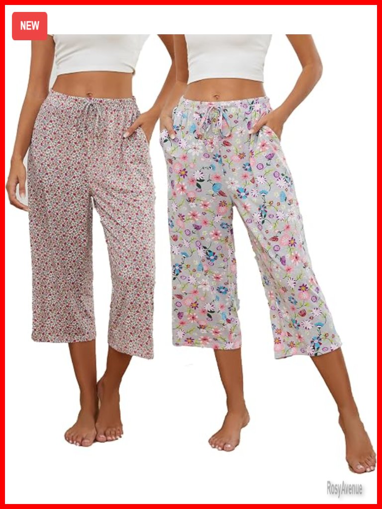 Cotton Polyester Blend Capri Pajama Pants With Pockets Drawstring Waist 2 Pack